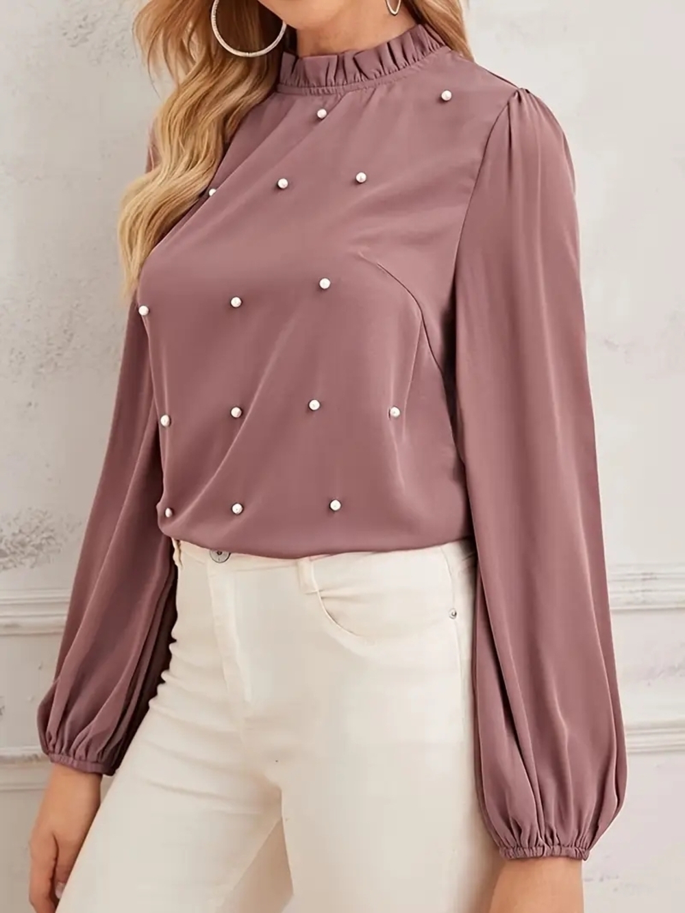 SHEIN Mauve Beaded Pearl-Accent Ruffled Mock Neck Blouse Women's Size L
